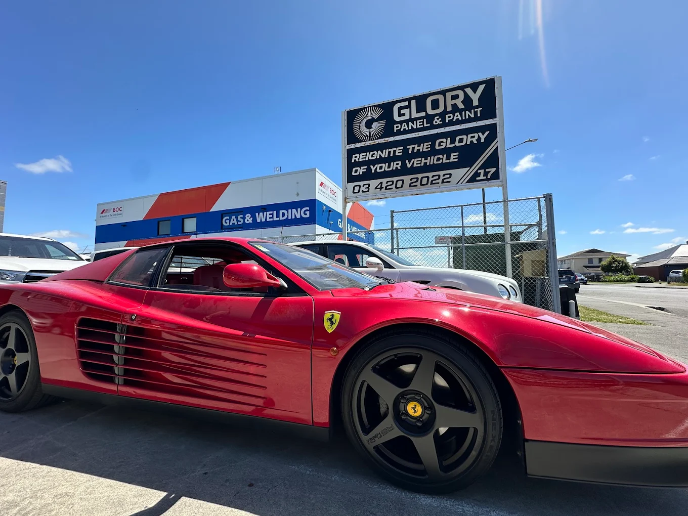 Classic red Ferrari Testarossa at GLORY Panel & Paint, Christchurch