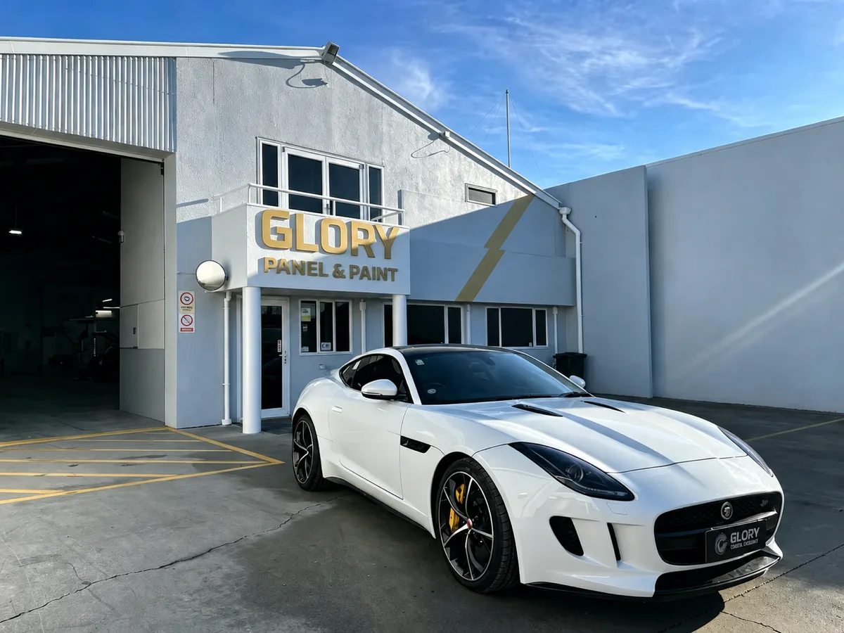 Jaguar F-Type outside the GLORY Panel & Paint workshop, Hornby Christchurch