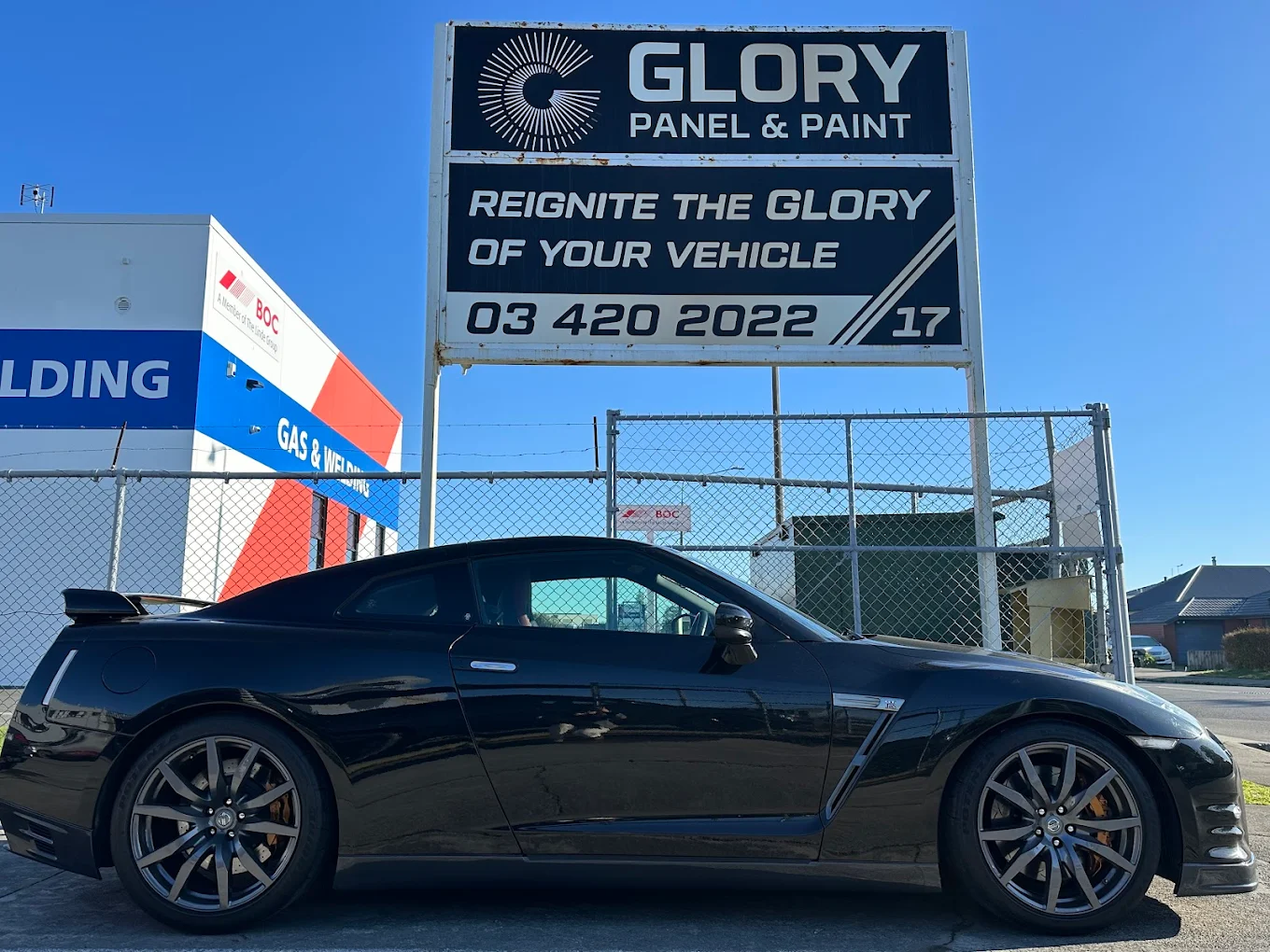 Black Nissan GT-R at GLORY Panel & Paint, Christchurch